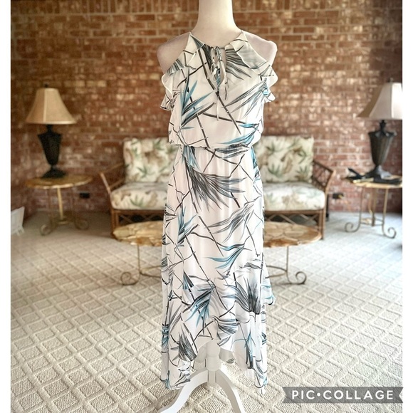 WHBM Dress Maxi White Bamboo Print Hi Low Blouson 4P Cocktail Party Chic Trendy - Picture 4 of 17